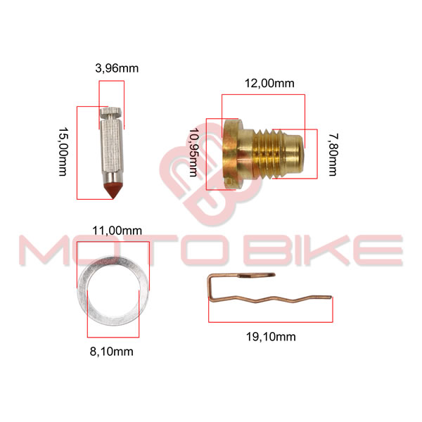 Float valve and seat for carburettor m8x1 mm (valve fi 3,96x15 mm ) 